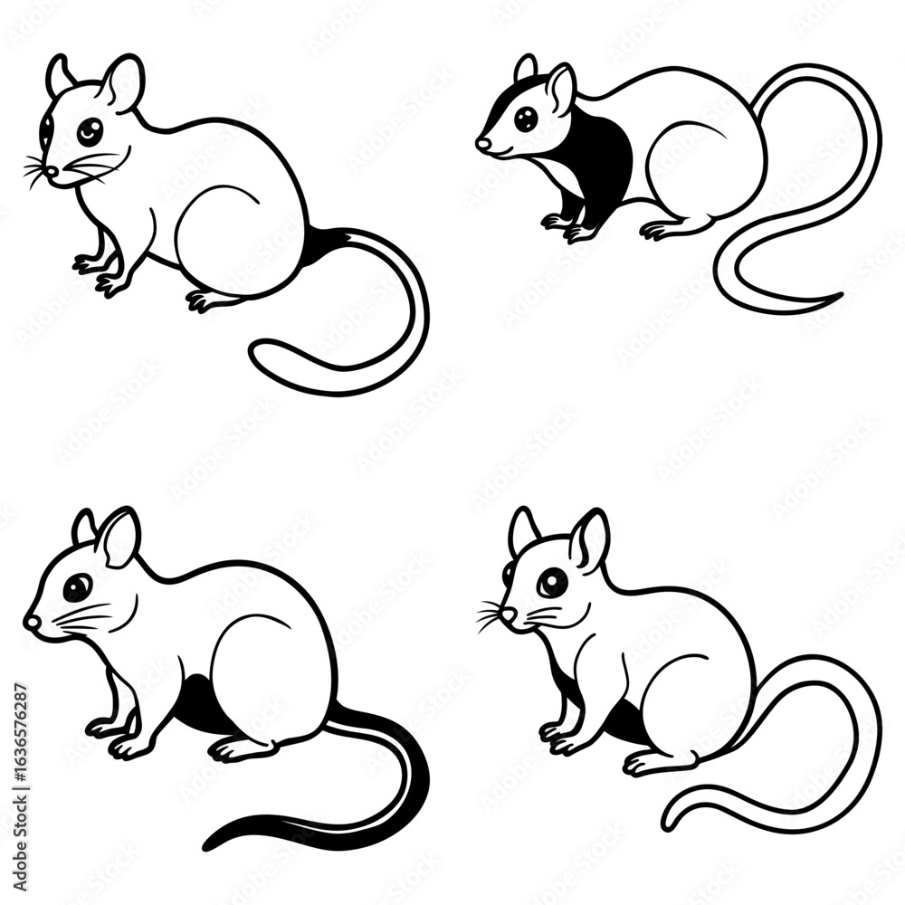 Poster four simple line drawings of mice in various poses with curled tails on a white background design la