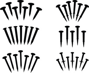 Various clusters of nails in black silhouette, representing tools and construction