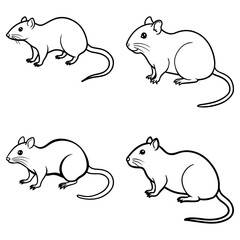 Four simple line drawings of mice in various poses with curled tails and small ears and noses