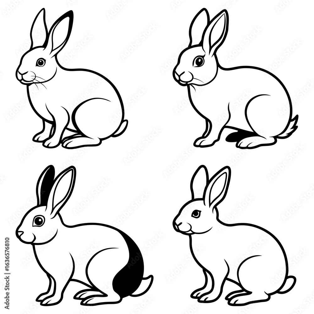 Poster four outlined rabbits in varying poses and with slight differences in markings on a white background
