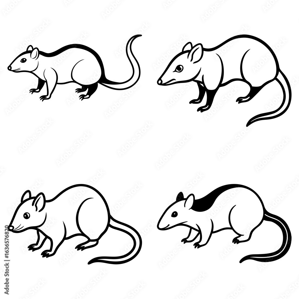 Poster four outlined rats in various poses displayed in a grid pattern on a white background design element