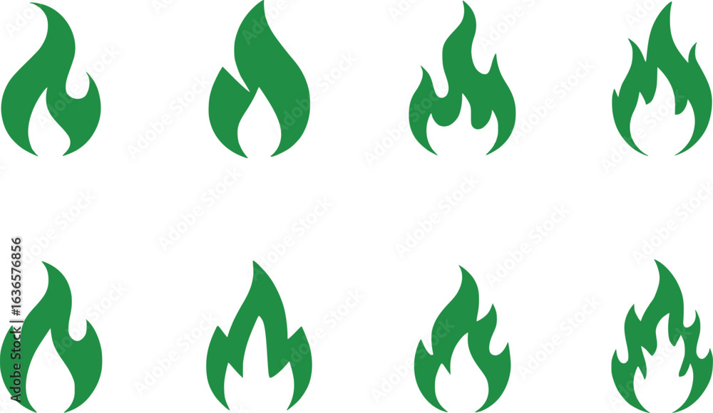 Poster diverse green flame set a collection of stylized fire icons depicting various forms of flames for de