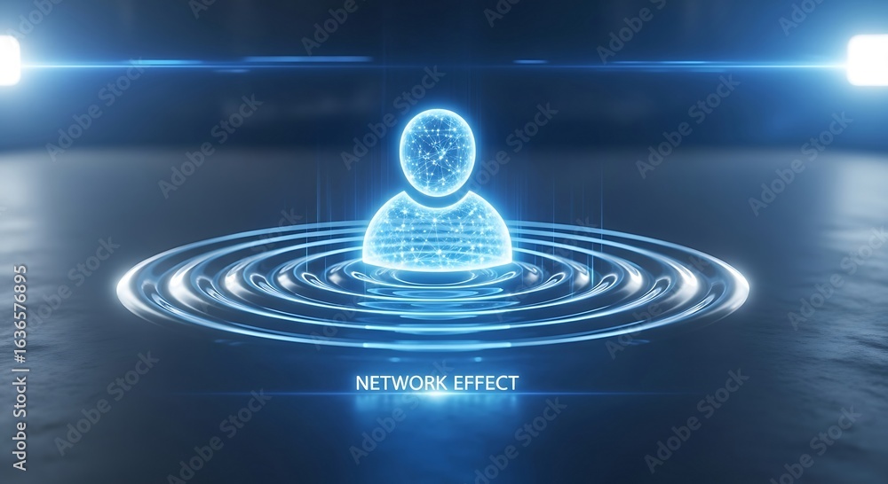 Poster a glowing digital user icon generates expanding ripples, symbolizing the powerful network effect.