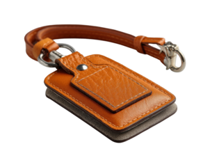 Stylish orange leather keychain modern workspace product, isolated on transparent background, png