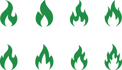 Diverse Green Flame Set A Collection of Stylized Fire Icons Depicting Various Forms of Flames for Design and Creative Projects with Bold Color