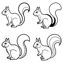 Four outlined squirrels in different poses with bushy tails on a white background illustration art