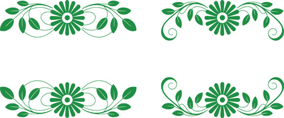 Elegant Green Floral Border Designs Featuring Flowers, Vines, and Leaves in Symmetrical Arrangements for Decorative and Ornamental Purposes in Graphic Design