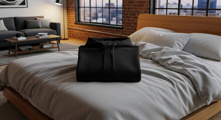 Folded black hoodie rests on neatly made bed in modern loft apartment.