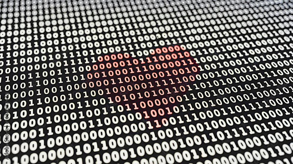 Poster a red heart symbol made of binary numbers on a computer screen. concept of digital love, online dati