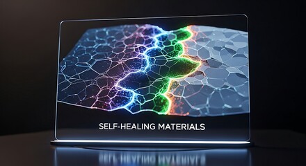 A glowing abstract representation of advanced self-healing materials displayed on a sleek transparent screen.