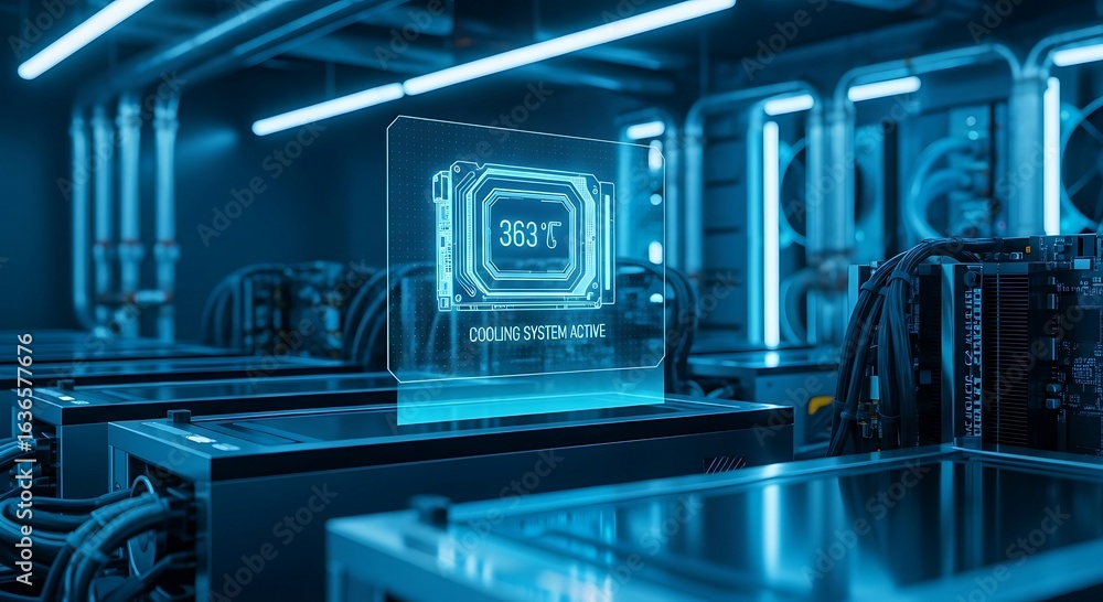 Poster futuristic holographic display monitors critical temperature in a high-tech data center with advance