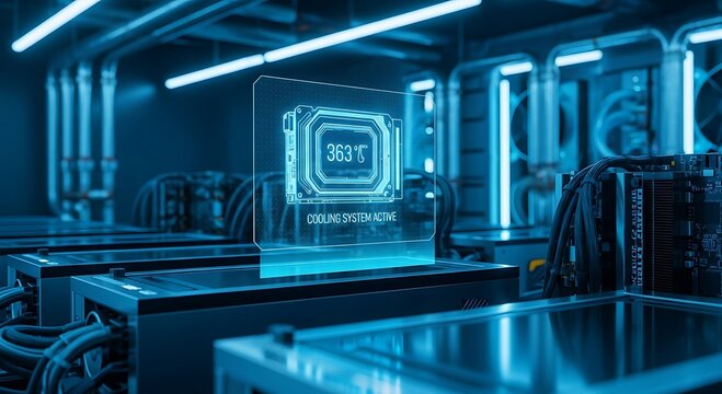 Futuristic holographic display monitors critical temperature in a high-tech data center with advanced cooling systems.