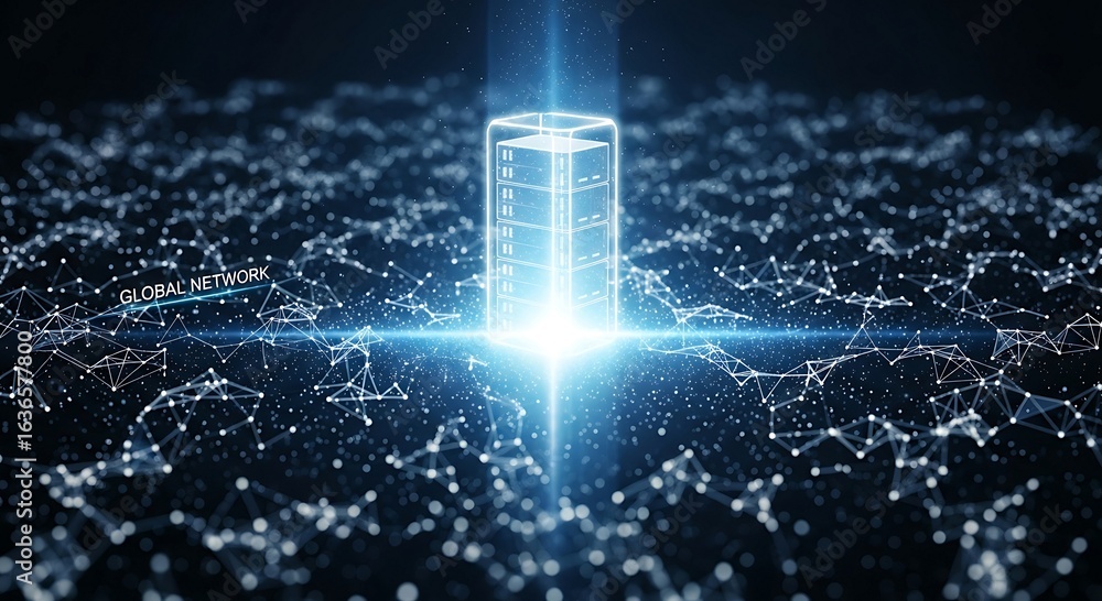 Poster digital data center glowing brightly within an intricate global network web.