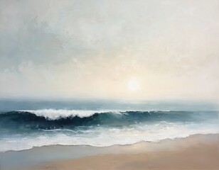 Abstract oil painting serene coastal seascape. Gentle ocean waves with white foam roll onto sandy beach under hazy sky with soft sun glow. Features calm, tranquil, minimalist aesthetic with neutral