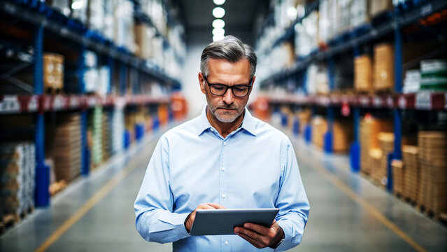 Focused executive managing operations with tablet in modern warehouse aisles