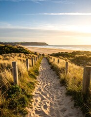 Sandy path leading to the ocean at sunset