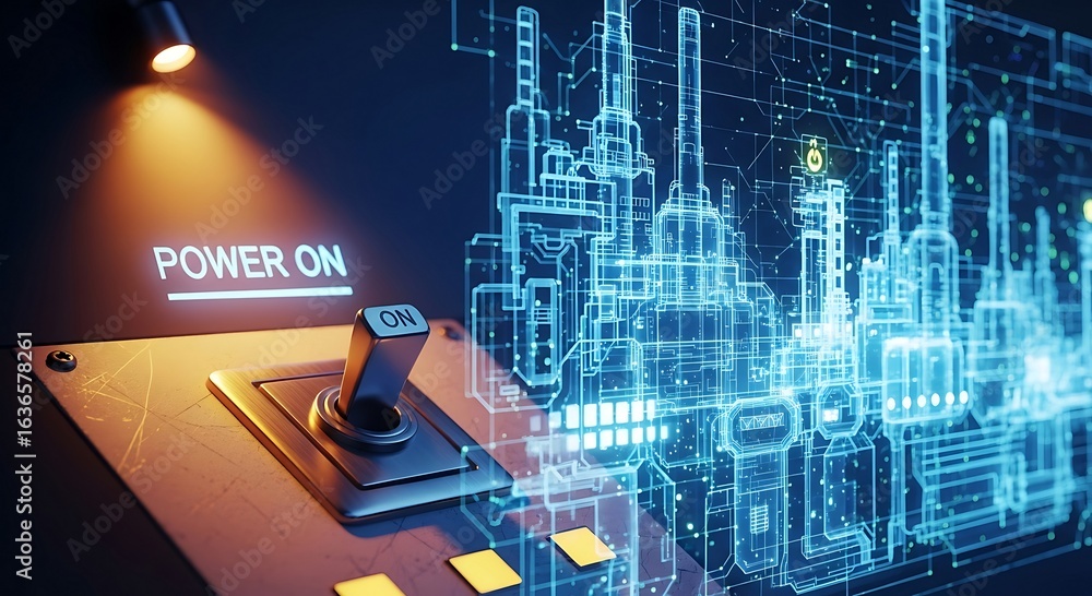 Poster illuminated toggle switch activates a vibrant digital network, symbolizing the dawn of technological