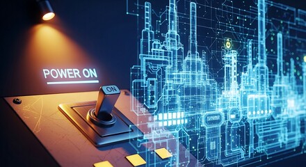 Illuminated toggle switch activates a vibrant digital network, symbolizing the dawn of technological progress.