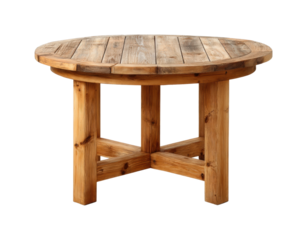 Round wooden table setup in cozy living room home warm ambiance, isolated on transparent background, png