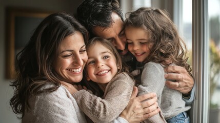 Candid family portrait at home with natural window light, parents hugging children with joyful expressions, cozy neutral tones