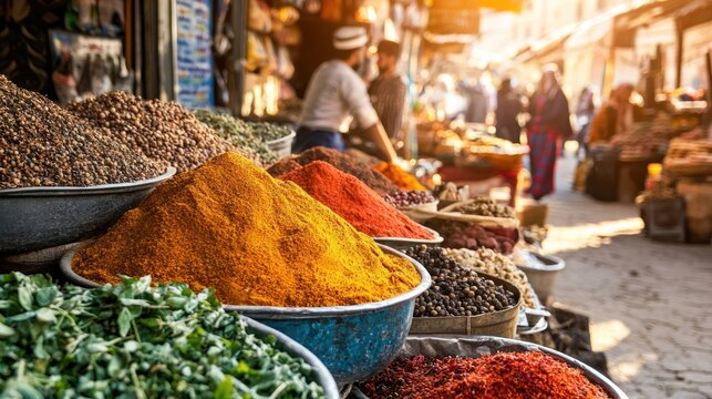 Bustling Middle Eastern spice market scene with locals bargaining over colorful spices and fresh herbs, sunlit textures and cultural vibrancy