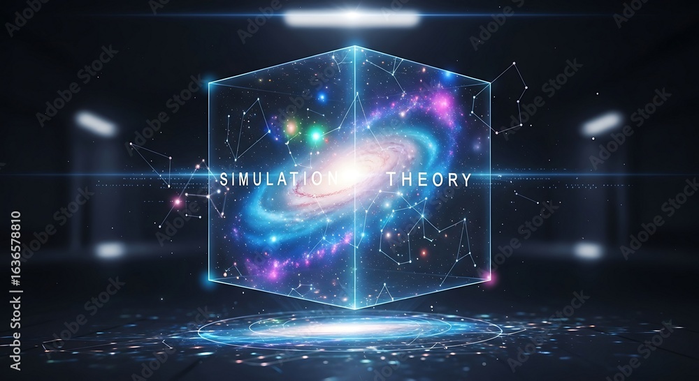 Poster a vibrant spiral is contained within a glowing translucent cube, symbolizing the vastness of the cos