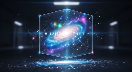 A vibrant spiral is contained within a glowing translucent cube, symbolizing the vastness of the cosmos and the concept of a simulated reality.