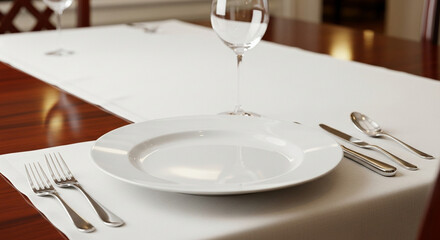 A neatly set table with a white tablecloth, plate, silverware, and a wine glass filled with water.