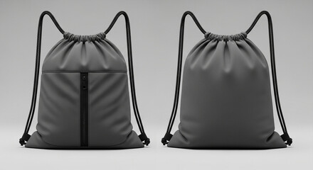 Two gray drawstring bags are displayed, one showing a zippered pocket on the front, the other showing the plain back.
