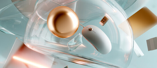 Wireless computer mouse and golden sphere levitating inside glass dome, illuminated by soft glow, representing advanced technological protection and innovation