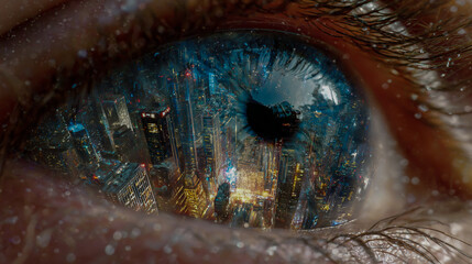 Close-up of an eye with the reflection in it showing a futuristic cityscape, hyper-realistic photography.