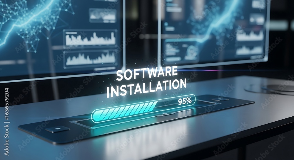Poster advanced digital interface shows a vibrant progress bar indicating software installation nearing its