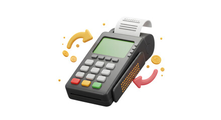 Payment terminal with receipt and coins isolated on transparent background