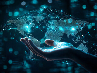 Hand Holding Digital World Map with Network Connections and Data