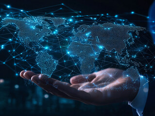 Digital Global Connection Visualization Over Human Hand Display