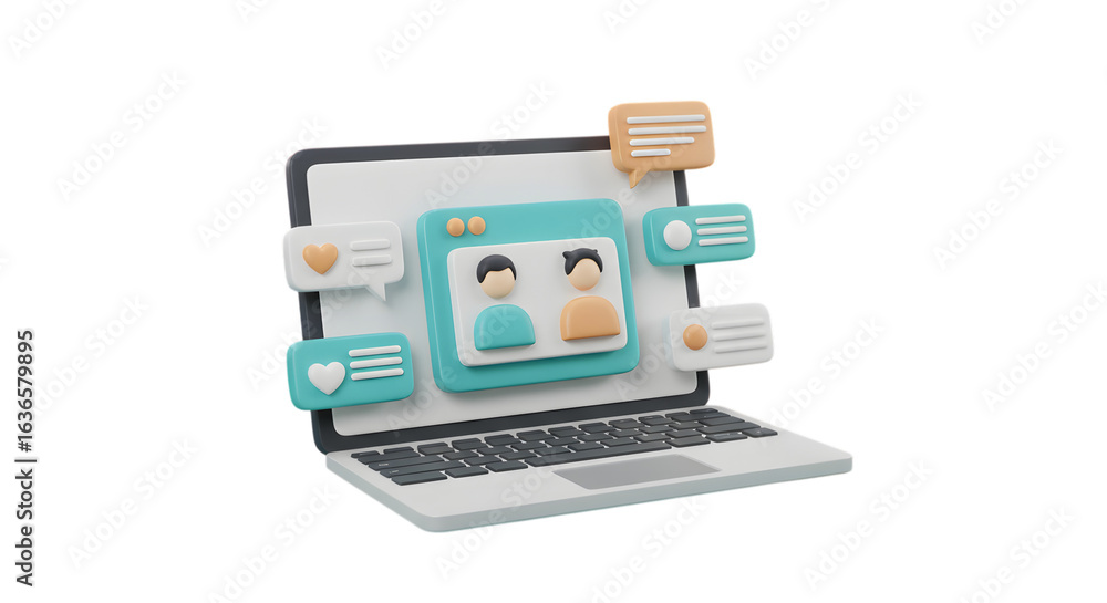 Poster 3d laptop with video call interface and chat bubbles isolated on transparent background