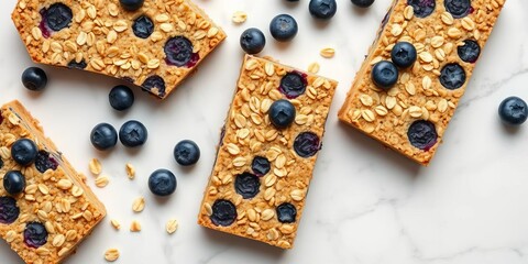 Overhead shot of wholesome oat & blueberry breakfast bars on marble,   rustic,  top view
