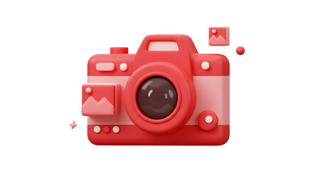 3d illustration of a retro red camera with a photo icon isolated on transparent background