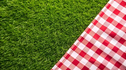 Vibrant red checkered blanket on lush green grass perfect for picnics