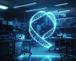 Futuristic Laboratory with DNA Strand Visualization and Technology