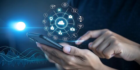 Hands interacting with a smartphone displaying a futuristic digital interface with cloud and network icons in a dark glowing environment