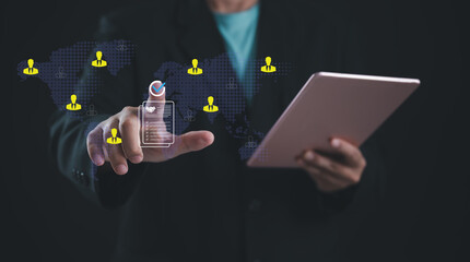 Professional selecting a digital contract approval icon on a virtual world map, symbolizing global...