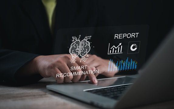 Professional using laptop with AI smart recommendation system and analytics dashboard, showcasing data insights, performance reports, and intelligent suggestions for strategic decision-making.