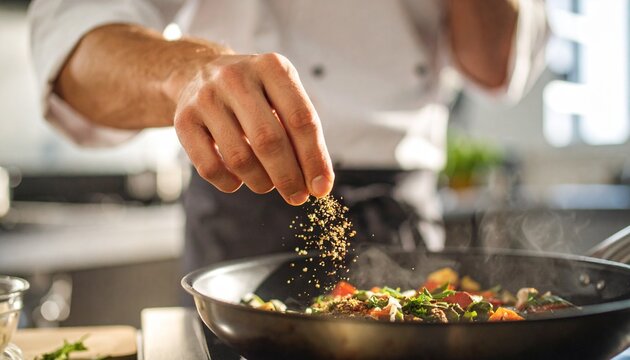 Chef adds aromatic spices to hot, steaming frying pan. Delicious dinner preparing in restaurant kitchen. Culinary art with pepper, herbs and ingredients. Professional cook at work, food concept. - Powered by Adobe