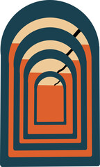 Modern abstract design of multiple layered arched windows in desert tones of orange, beige, and dark teal. Perfect for wall art, posters, or boho decor.