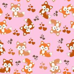 Seamless pattern of cute cartoon foxes with hearts and paw prints on a soft pastel pink background. Perfect for kids’ designs, fabrics, scrapbooking, and digital projects.