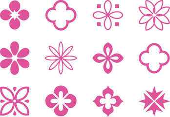 Assorted Set of Whimsical Pink Floral Designs Ornamental Accents Ranging in Style and Complexity Flowers in a Variety of Geometric Arrangements