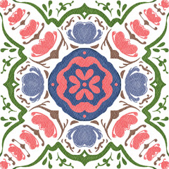 Watercolor decorative ornament on isolated background. Symmetric seamless batik floral mandala tribal ethnic pattern for fabric textile card wrapping 