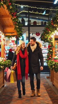 vertical. Smiling couple walking with shopping bags at decorated Christmas market with lights, garlands, and holiday ornaments. Studio outdoor photography. Christmas shopping and winter holiday celebr