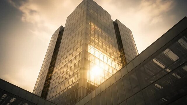 majestic glass skyscraper reflecting golden sunlight with dramatic sky backdrop.